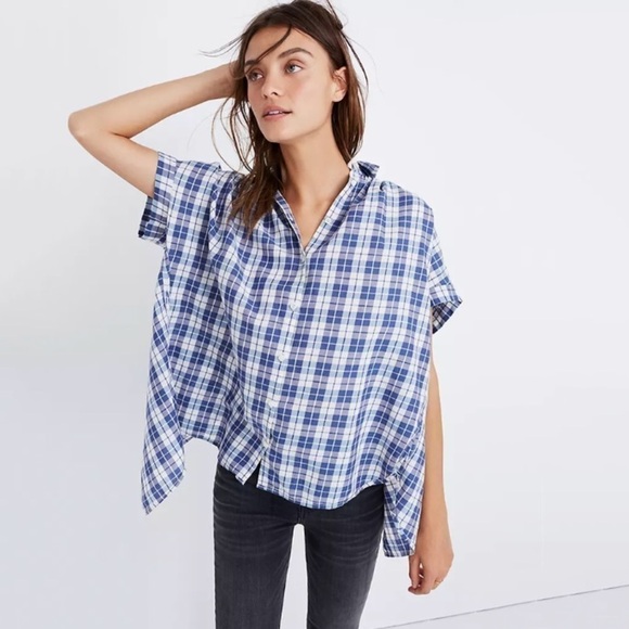 NWT Madewell Central Open Back Button Down Shirt Linus Plaid in Blue & White - Picture 1 of 7